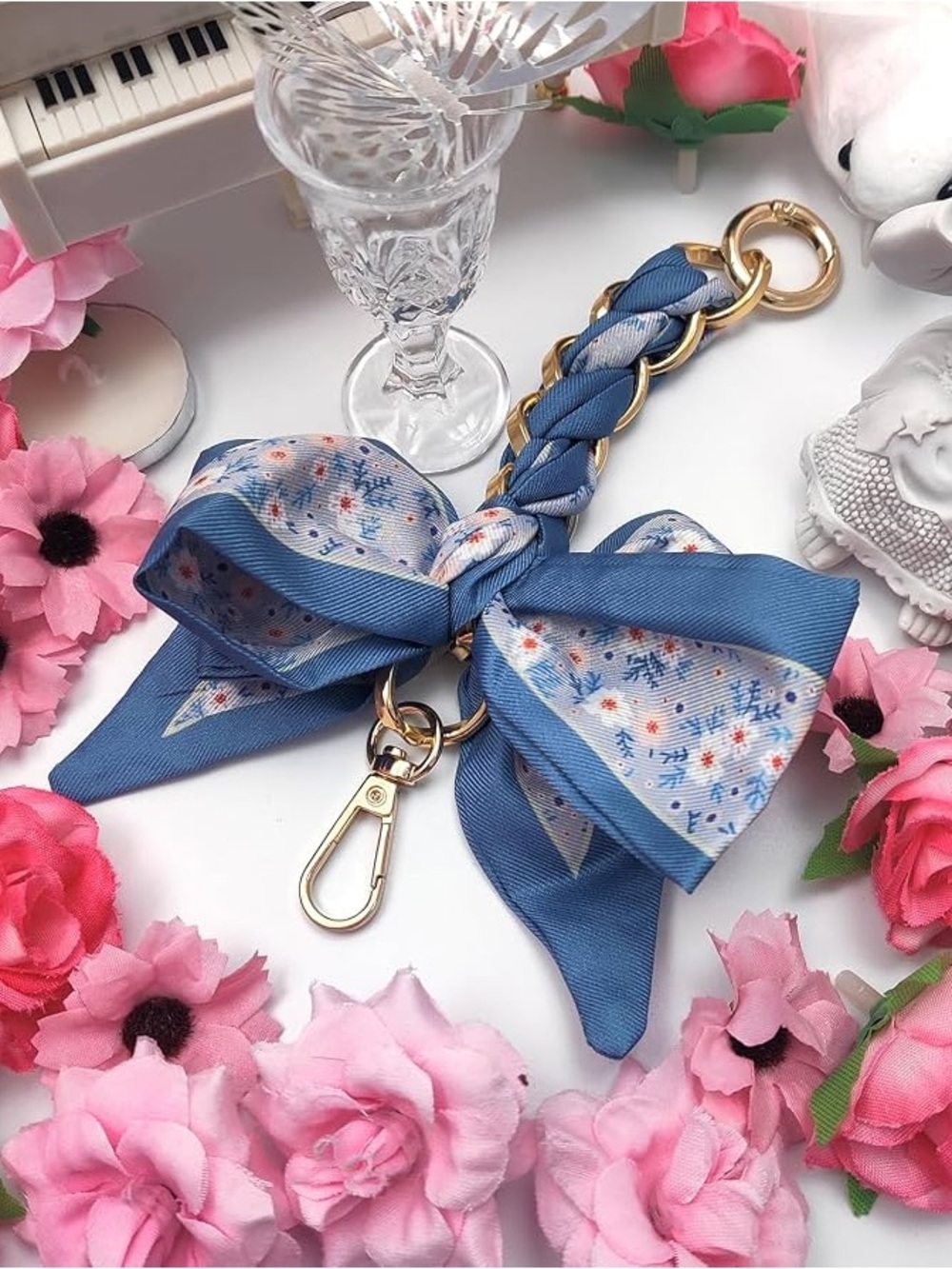 Scarf Blue Floral Bow Keychain with Gold Hardware